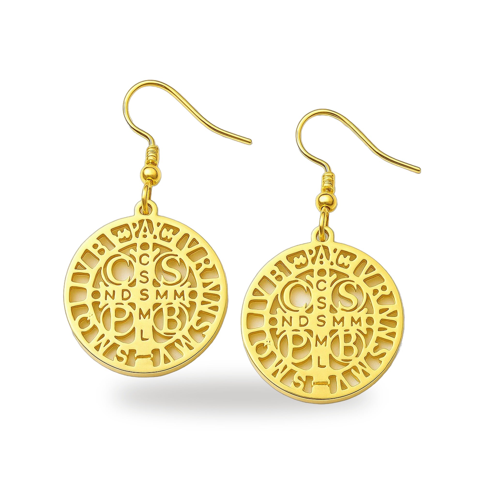 Pendientes de San Benito: Luz y Proteccion en Acero Dorado — vista completa del producto