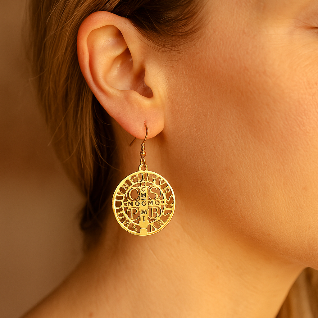 Pendientes de San Benito: Luz y Protección en Acero Dorado