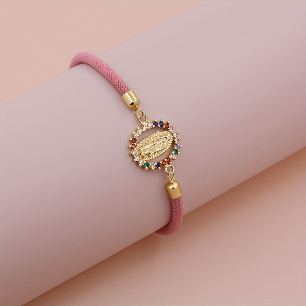 Medalla de la Virgen Maria en Pulsera Virgen Maria - Cordon Ajustable Banado en Oro 24K — devocion grabada en detalle