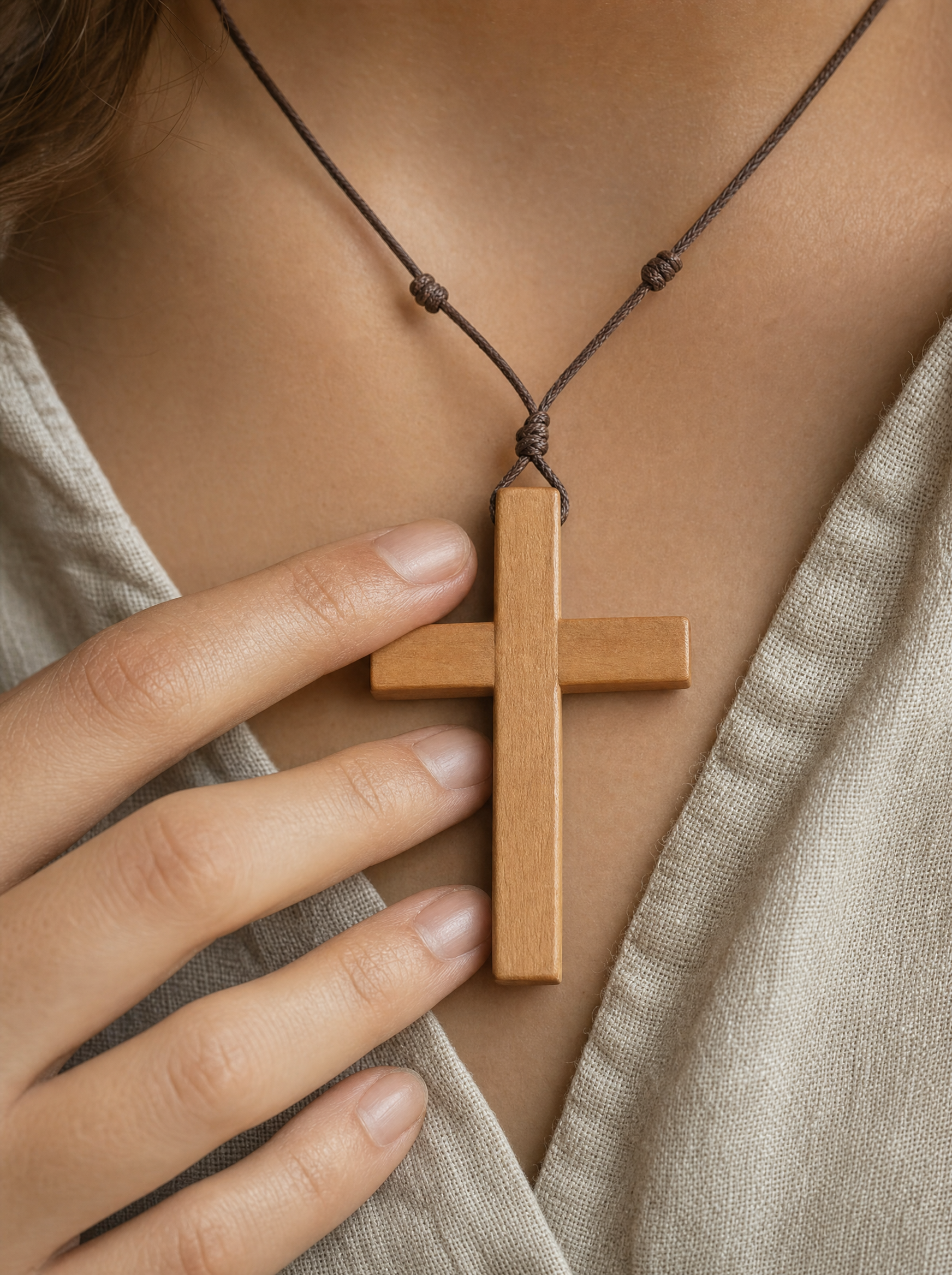 Collar de Cruz de Madera Natural - foto de estilo de vida