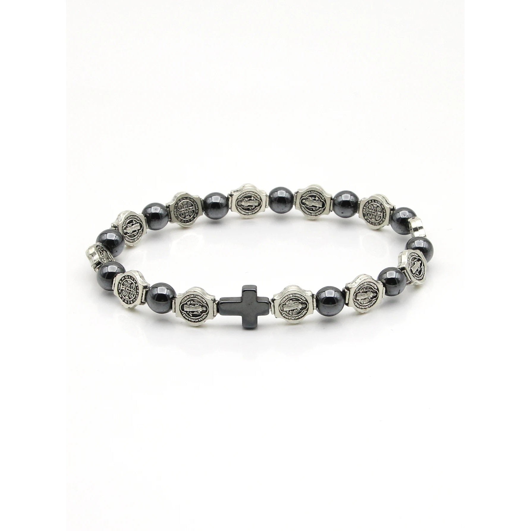 Pulsera de Rosario de San Benito en Hematita — hematita, hipoalergenico y duradero