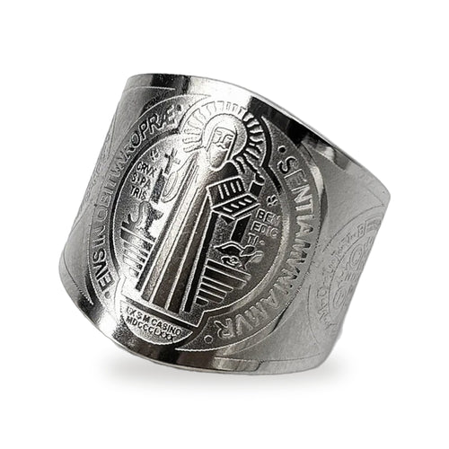 Anillo ajustable de San Benito en plateado — vista completa