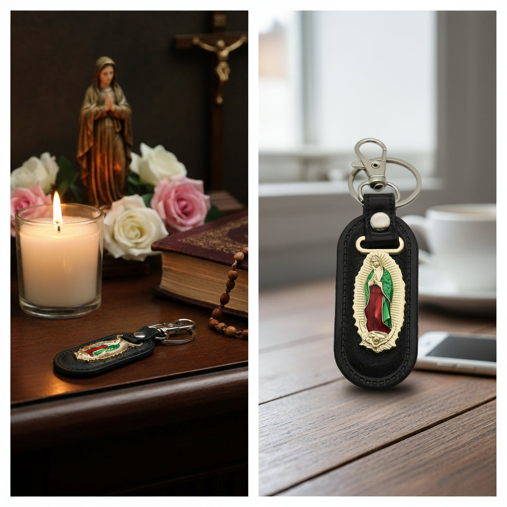 Llavero Virgen de Guadalupe en Cuero PU - Estilo Vintage — detalle de cuero PU de cerca