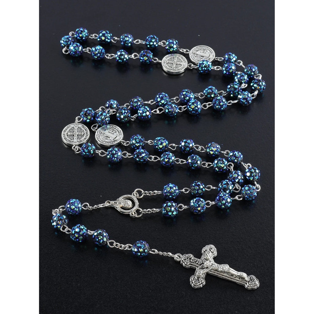 Rosario de Cristal Brillante con Medalla de San Benito — presentacion de regalo devocional