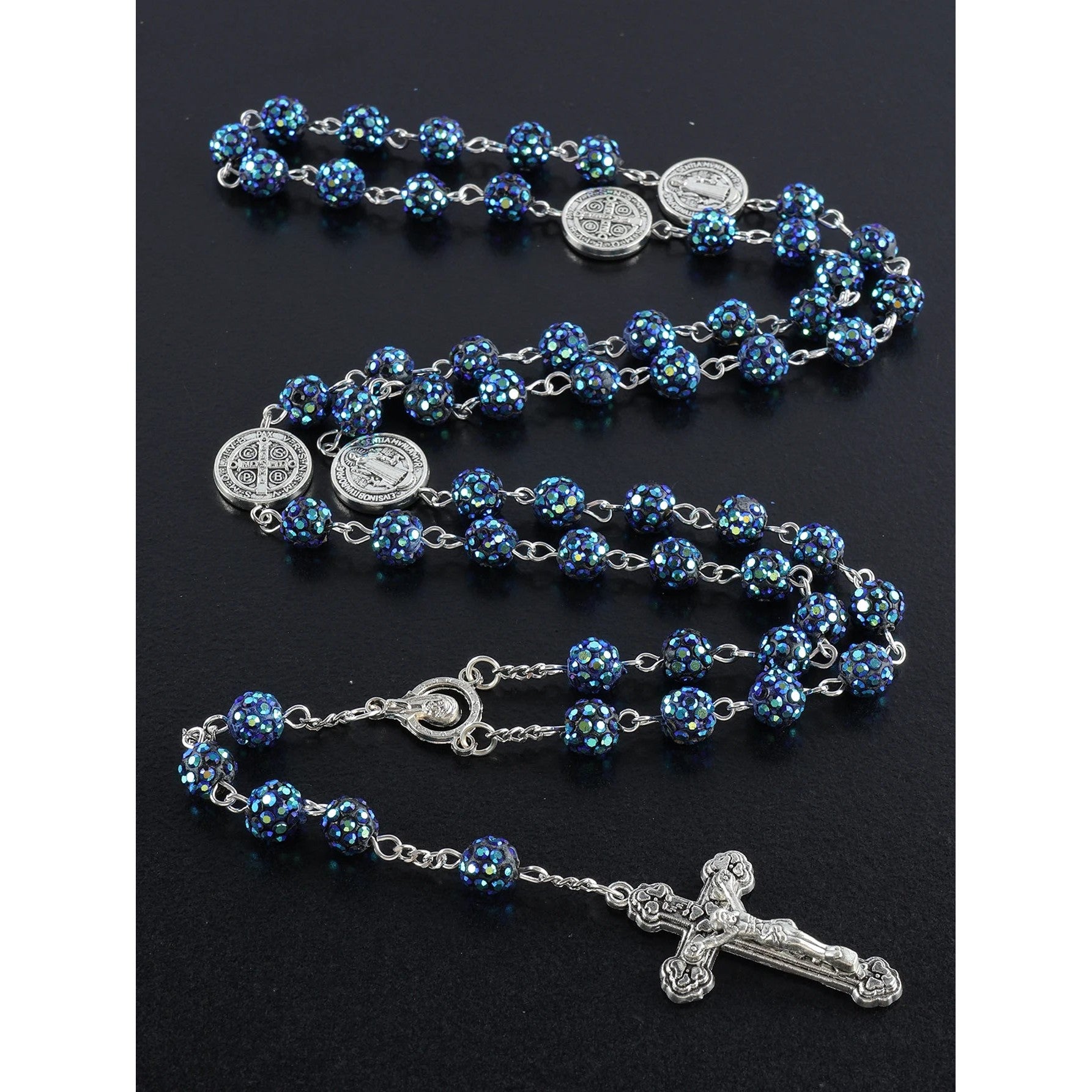Rosario de Cristal Brillante con Medalla de San Benito — presentacion de regalo devocional