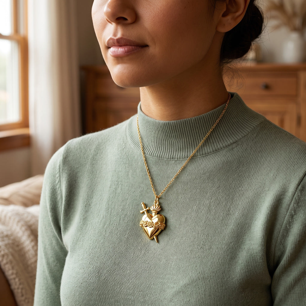 Mujer llevando el collar del Inmaculado Corazón de María en dorado