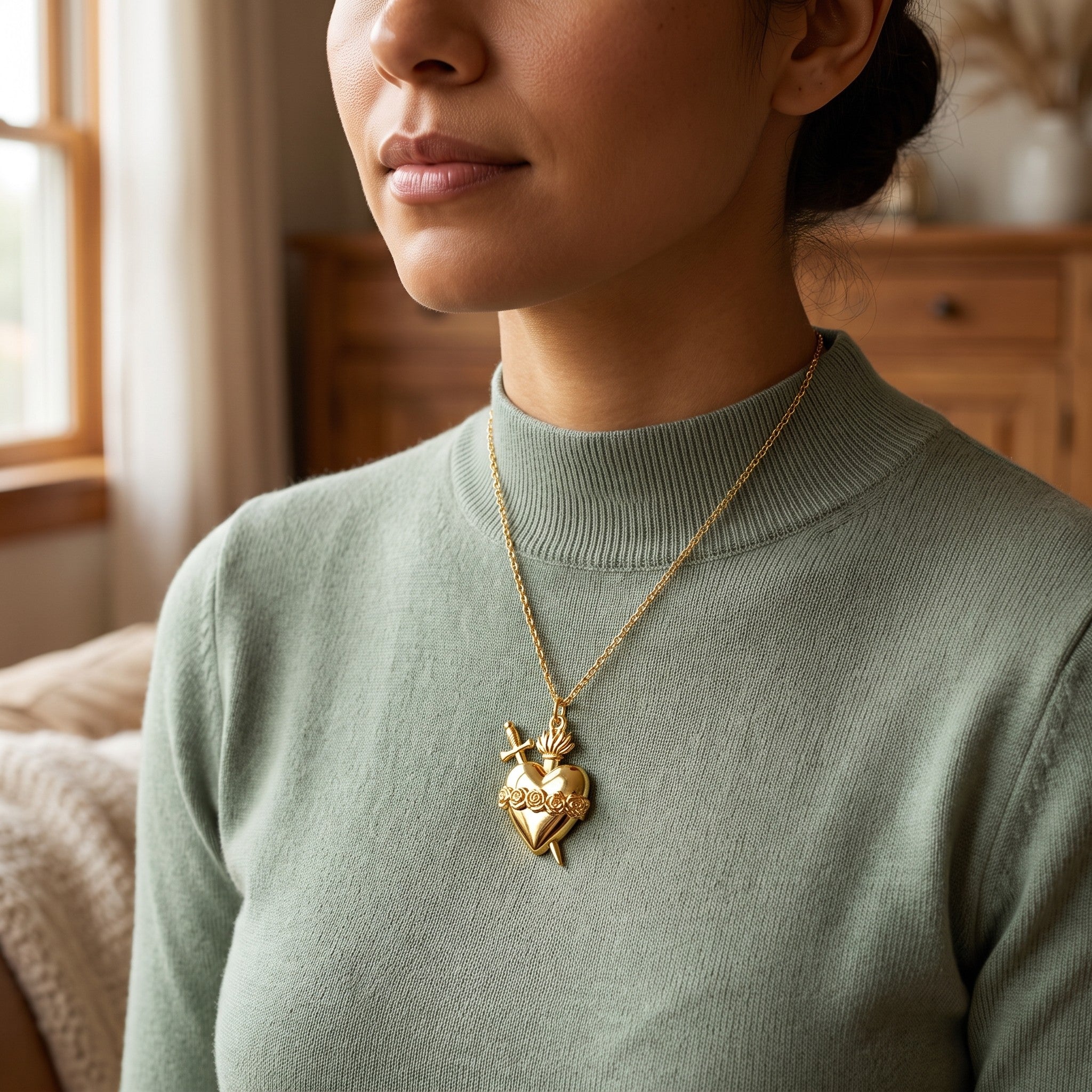 Mujer llevando el collar del Inmaculado Corazón de María en dorado