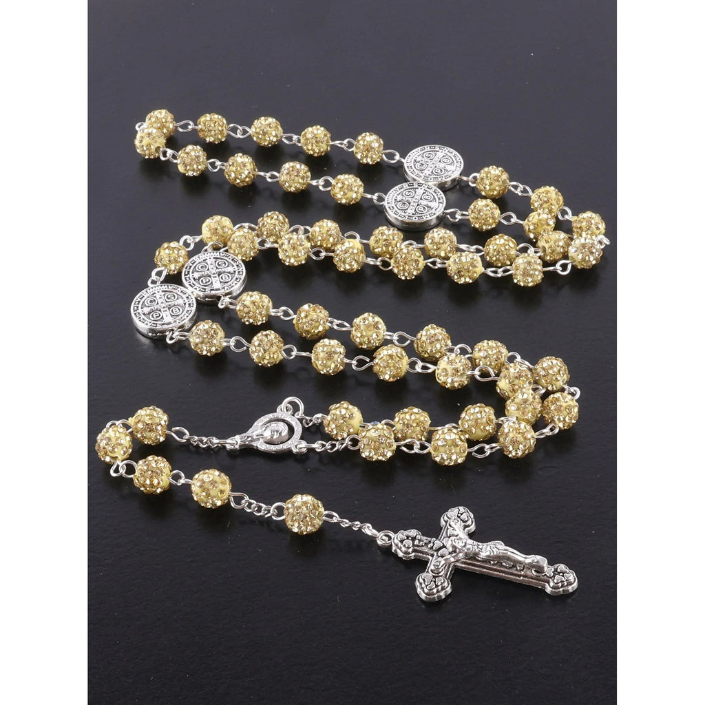 Rosario de Cristal Brillante con Medalla de San Benito — regalo espiritual para primera comunion