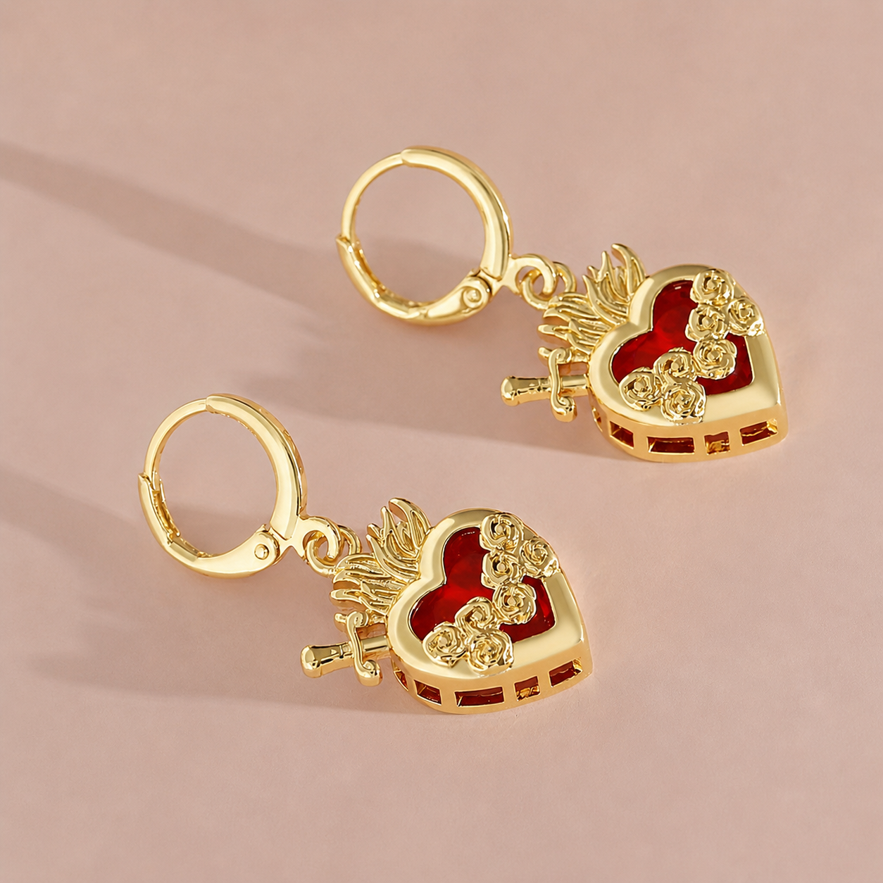 Pendientes Inmaculado Corazon de Maria - Bano Dorado 22K con Z... — vista completa del producto