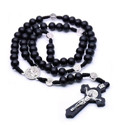 QIGO-collares con colgante de Rosario de Cruz Negra antigua de madera religiosa, collar de cuentas de Jesús, San Benito, joyería para hombres y mujeres