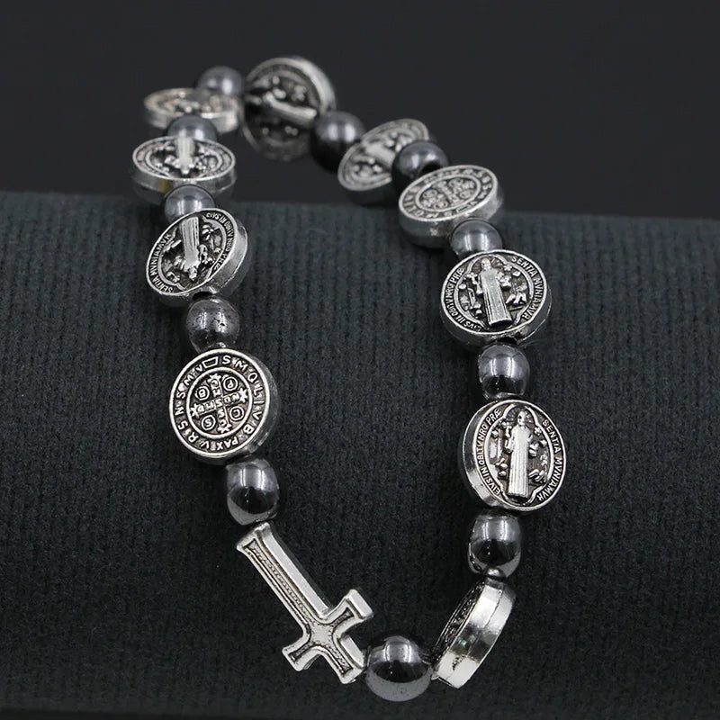 VILLWICE-pulsera de Rosario Católico, medalla de San Benito, pulseras de oración cruzada, cuentas de hematita, accesorios de joyería religiosa