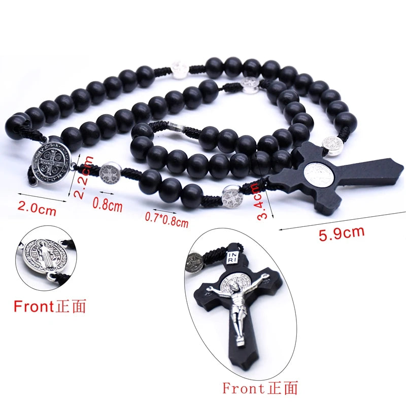QIGO-collares con colgante de Rosario de Cruz Negra antigua de madera religiosa, collar de cuentas de Jesús, San Benito, joyería para hombres y mujeres
