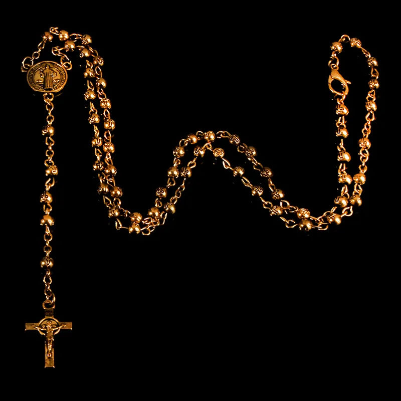Cuentas de rosario de acero inoxidable, collar de cuentas de 4 mm, collar de rosario pequeño, collar de joyería para mujer, collar de cruz de Jesús.