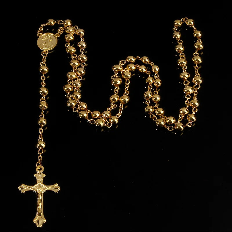 Collar de Rosario de cuentas de hierro dorado de imitación de 6MM, collar de Rosario de alta calidad, hermoso collar de rosas con colgante de cruz,