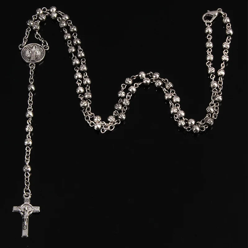 Cuentas de rosario de acero inoxidable, collar de cuentas de 4 mm, collar de rosario pequeño, collar de joyería para mujer, collar de cruz de Jesús.