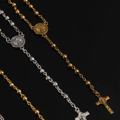 Cuentas de rosario de acero inoxidable, collar de cuentas de 4 mm, collar de rosario pequeño, collar de joyería para mujer, collar de cruz de Jesús.