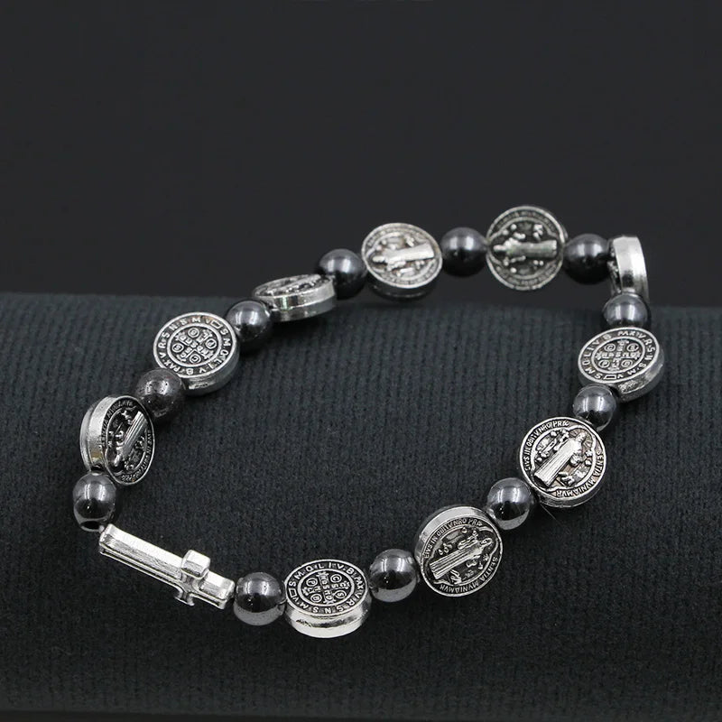 VILLWICE-pulsera de Rosario Católico, medalla de San Benito, pulseras de oración cruzada, cuentas de hematita, accesorios de joyería religiosa