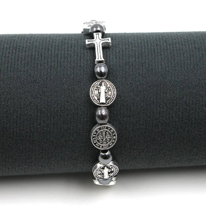 VILLWICE-pulsera de Rosario Católico, medalla de San Benito, pulseras de oración cruzada, cuentas de hematita, accesorios de joyería religiosa