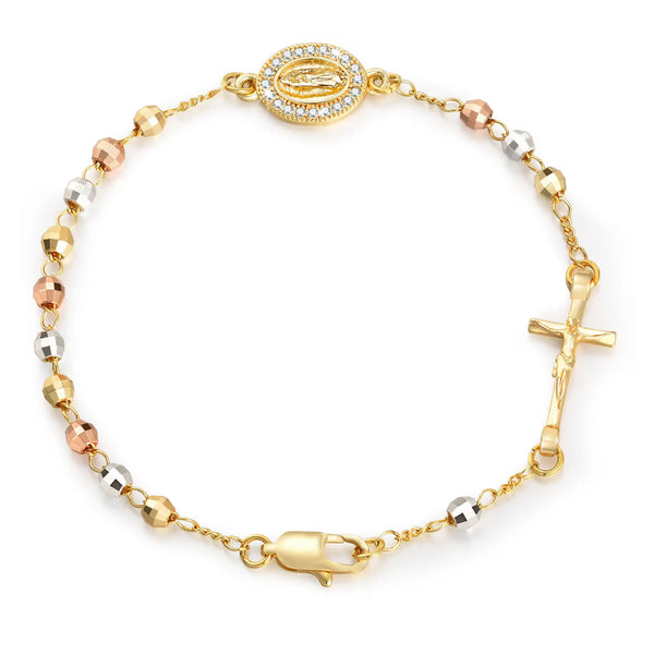 Pulsera rosario de Nuestra Señora de Guadalupe tricolor con crucifijo y medalla de circonitas — vista completa