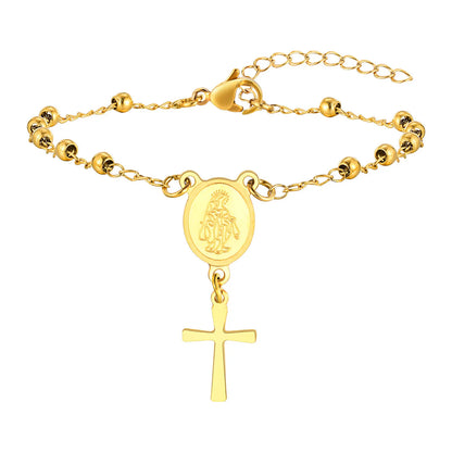 Vnox-pulsera de Rosario para mujer y niña, brazalete de oración de la Virgen María, Cruz religiosa de acero inoxidable chapada en oro, regalos