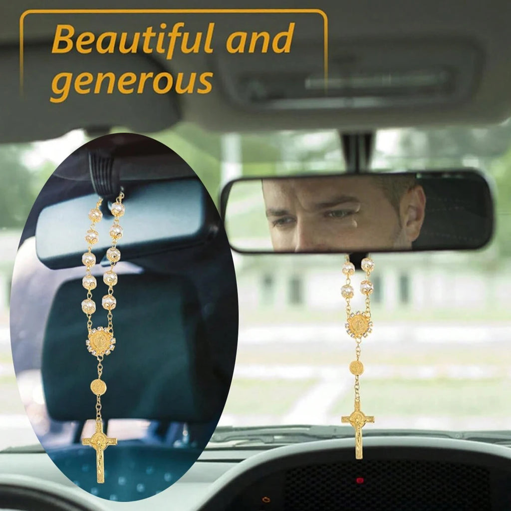 Rosario de Cristal con Cruz para Retrovisor — regalo espiritual para primera comunion