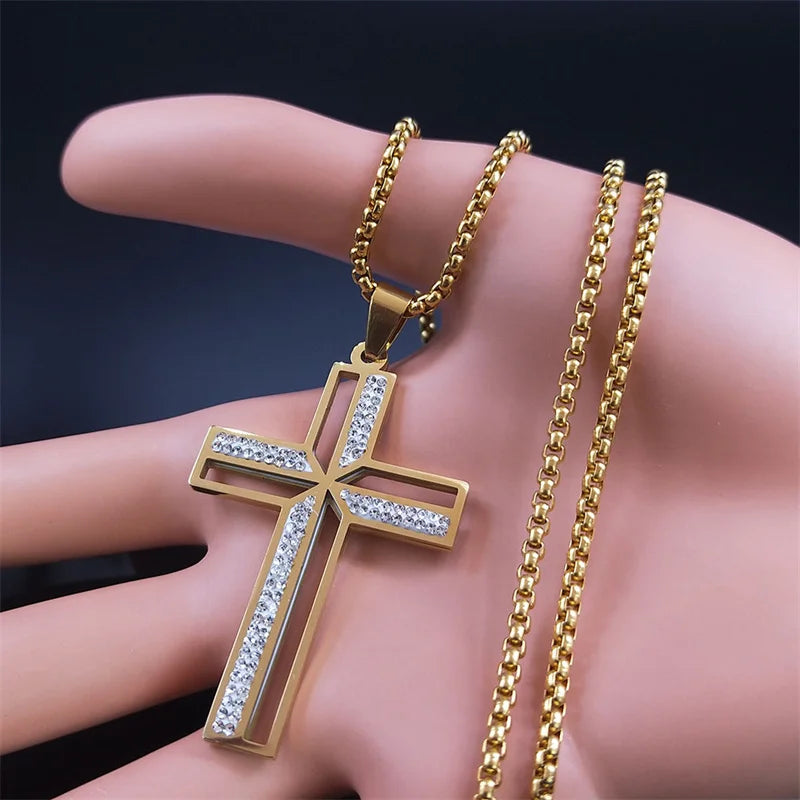 Collar de cruz de crucifijo católico para mujeres y hombres, cadena religiosa cristiana de acero inoxidable, joyería masculina N4943