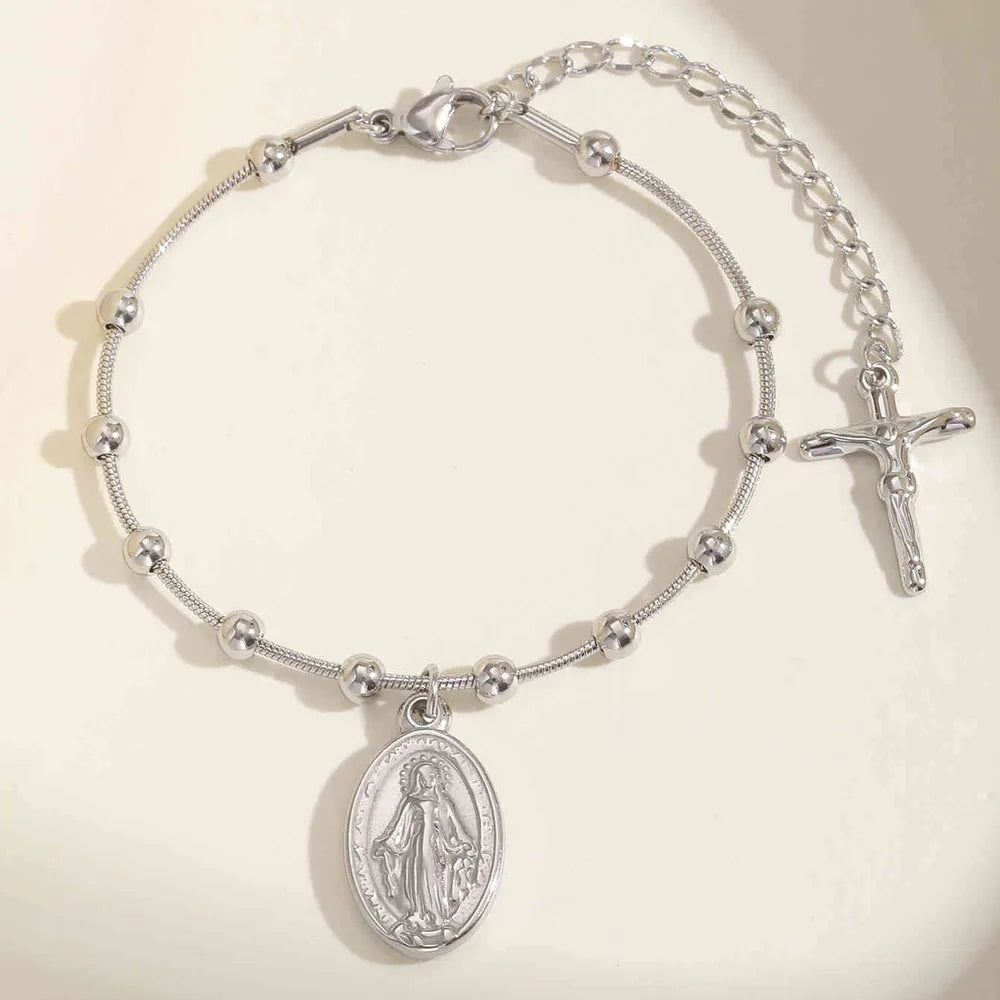 Vnox-pulsera de Rosario para mujer y niña, brazalete de oración de la Virgen María, Cruz religiosa de acero inoxidable chapada en oro, regalos