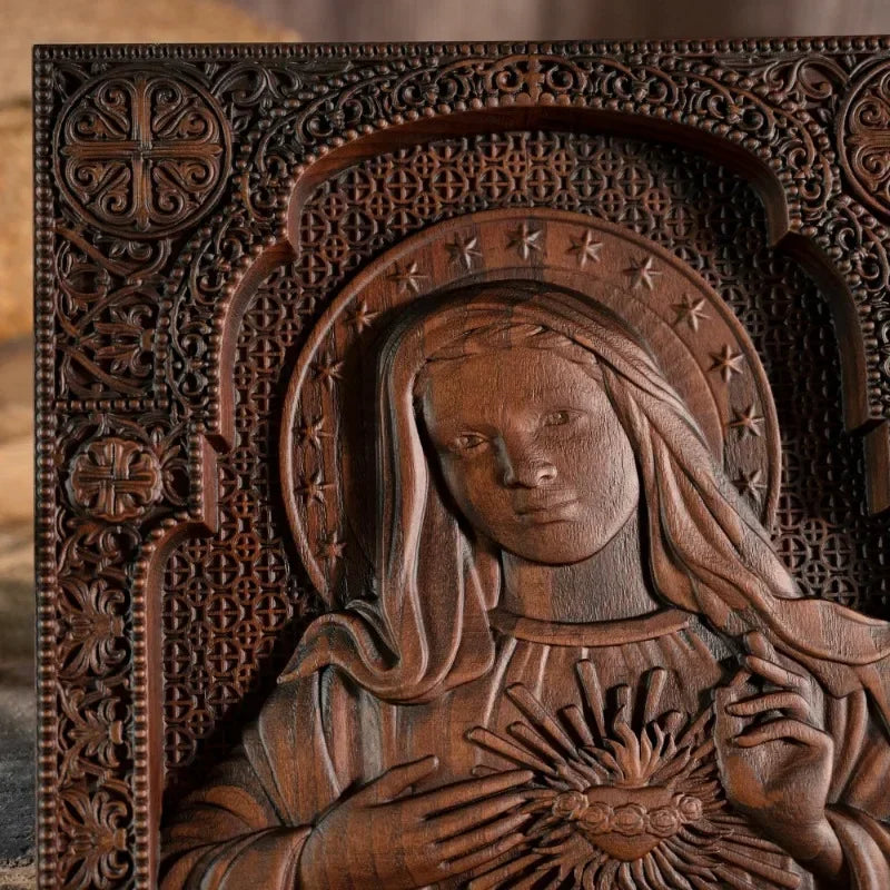 Icono del Inmaculado Corazon de Maria en Madera - Arte Sacra e... — detalle de madera de cerca