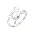 Anillo ajustable con cruz y el nombre de Jesús en plateado — vista completa