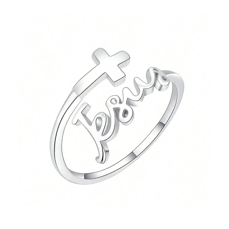 Anillo Ajustable de Fe con Cruz y Nombre de Jesús – Acabado en Plata