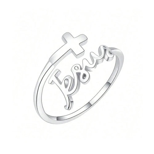 Anillo ajustable con cruz y el nombre de Jesús en plateado — vista completa