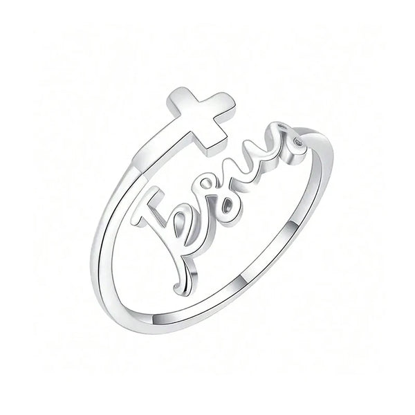 Anillo ajustable con cruz y el nombre de Jesús en plateado — vista completa