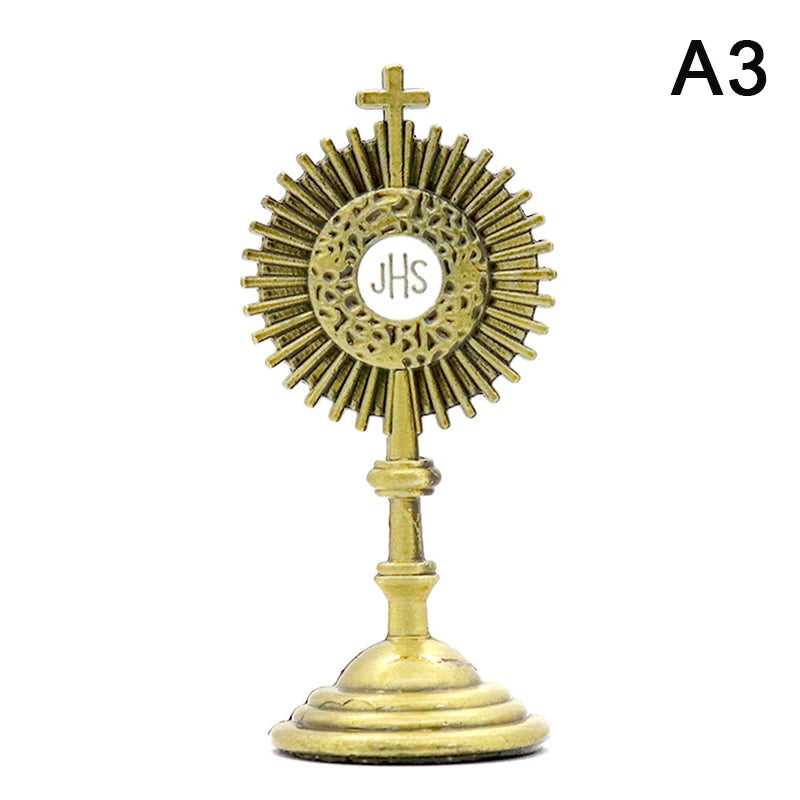Estatua católica de comunión cristiana, figura cruzada de oro, Jesús Hominum, Salvator, decoración de mesa de oficina en casa, regalo religioso
