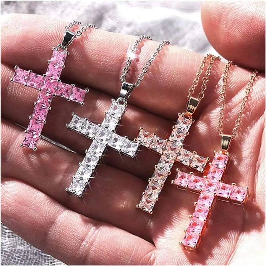 Nuevos collares de moda, colgantes para mujer, colgante de cruz de Jesús de cristal multicolor dorado para mujer, collar para fiesta, joyería para tiempo libre