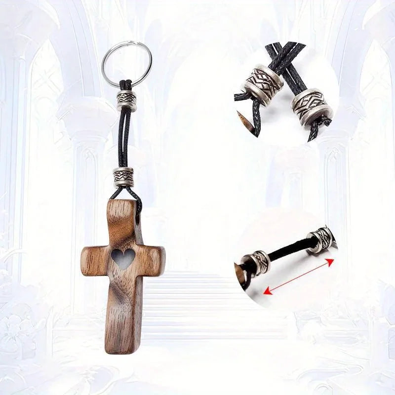 Llavero de Cruz de Madera con Corazón