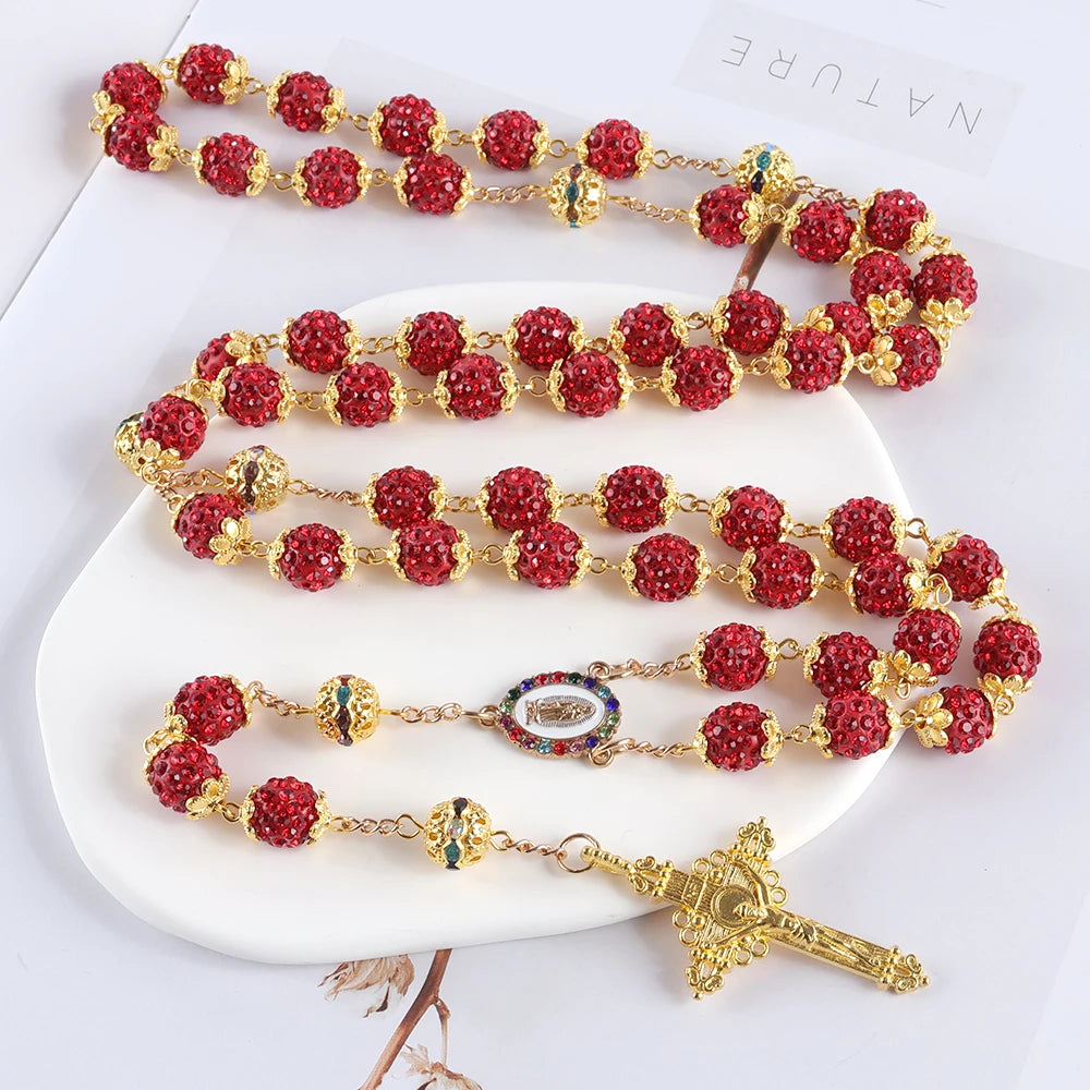 2025New Vintage católico 10mm 59 cuentas de diamantes de imitación de cristal collar cruzado