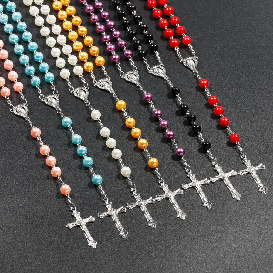 Nueva religión cristiana, collar de Rosario de perlas de imitación para mujer, colgante de cruz de la Virgen María Jesús, cadenas de cuentas largas, joyería de moda