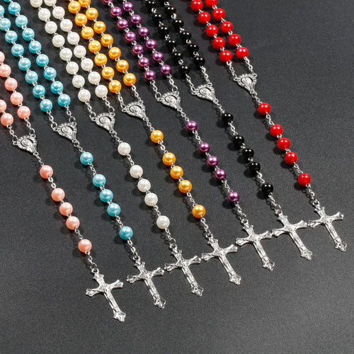 Nueva religión cristiana, collar de Rosario de perlas de imitación para mujer, colgante de cruz de la Virgen María Jesús, cadenas de cuentas largas, joyería de moda
