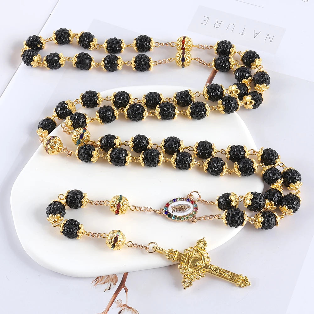 2025New Vintage católico 10mm 59 cuentas de diamantes de imitación de cristal collar cruzado