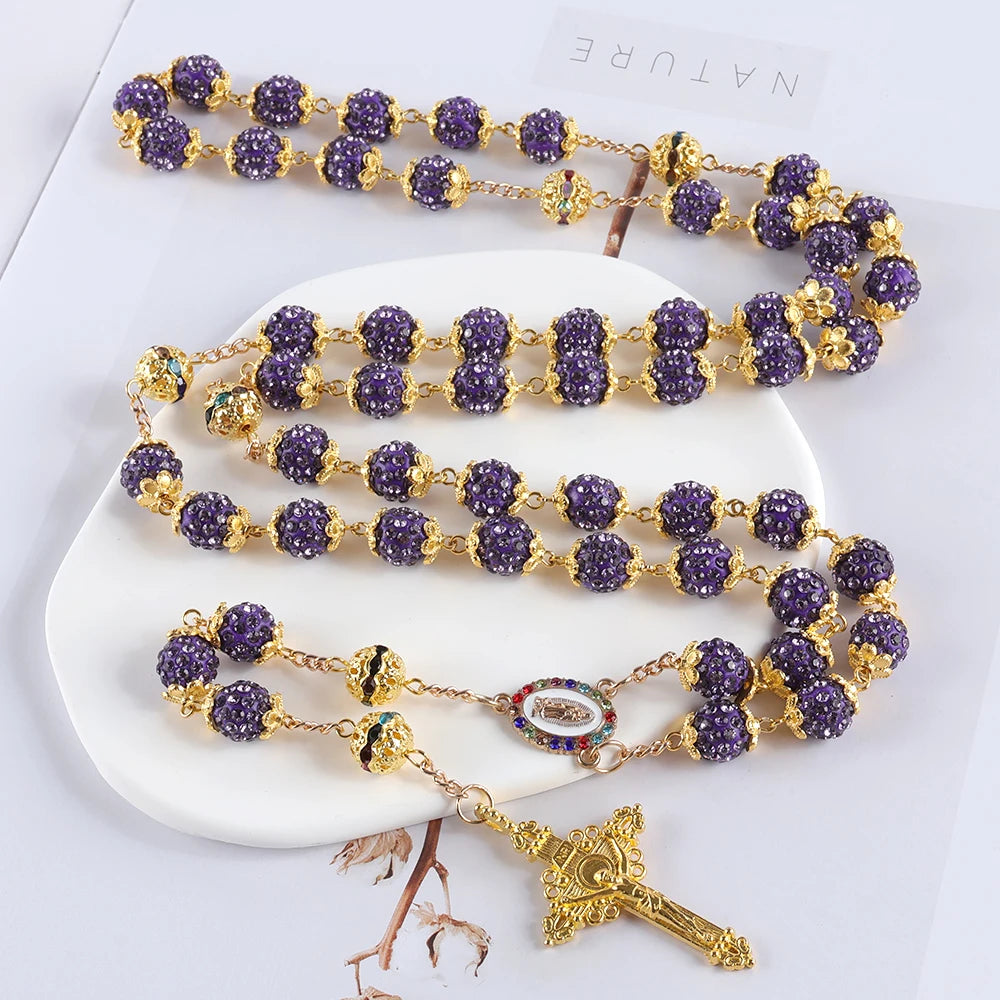 2025New Vintage católico 10mm 59 cuentas de diamantes de imitación de cristal collar cruzado