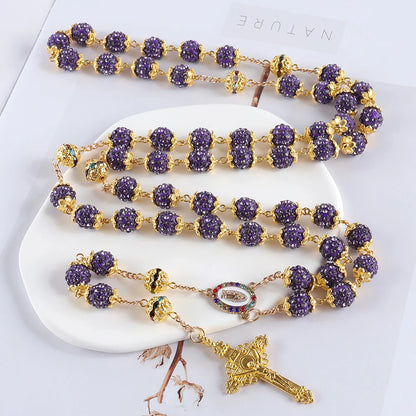 2025New Vintage católico 10mm 59 cuentas de diamantes de imitación de cristal collar cruzado