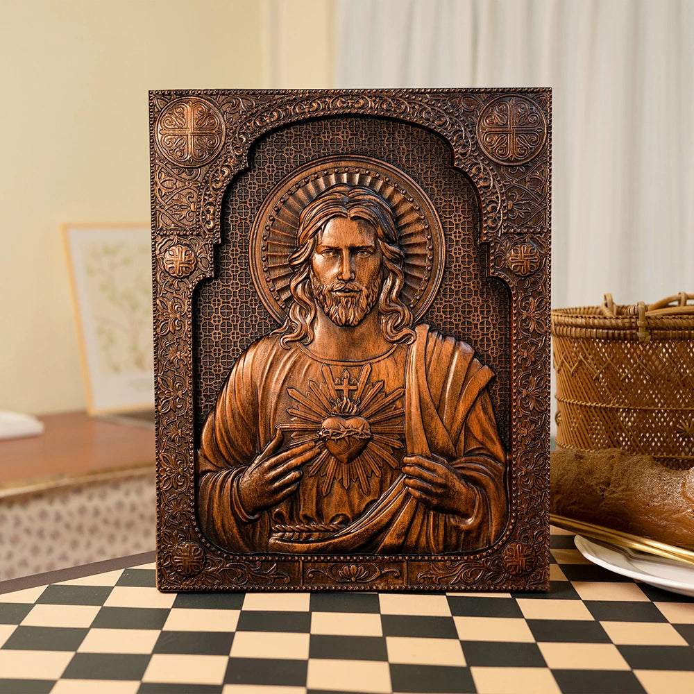 Medalla de el Sagrado Corazon de Jesus en Icono del Sagrado Corazon de Jesus en Madera — devocion grabada en detalle