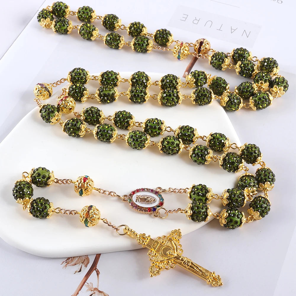 2025New Vintage católico 10mm 59 cuentas de diamantes de imitación de cristal collar cruzado