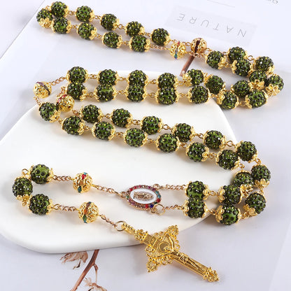 2025New Vintage católico 10mm 59 cuentas de diamantes de imitación de cristal collar cruzado