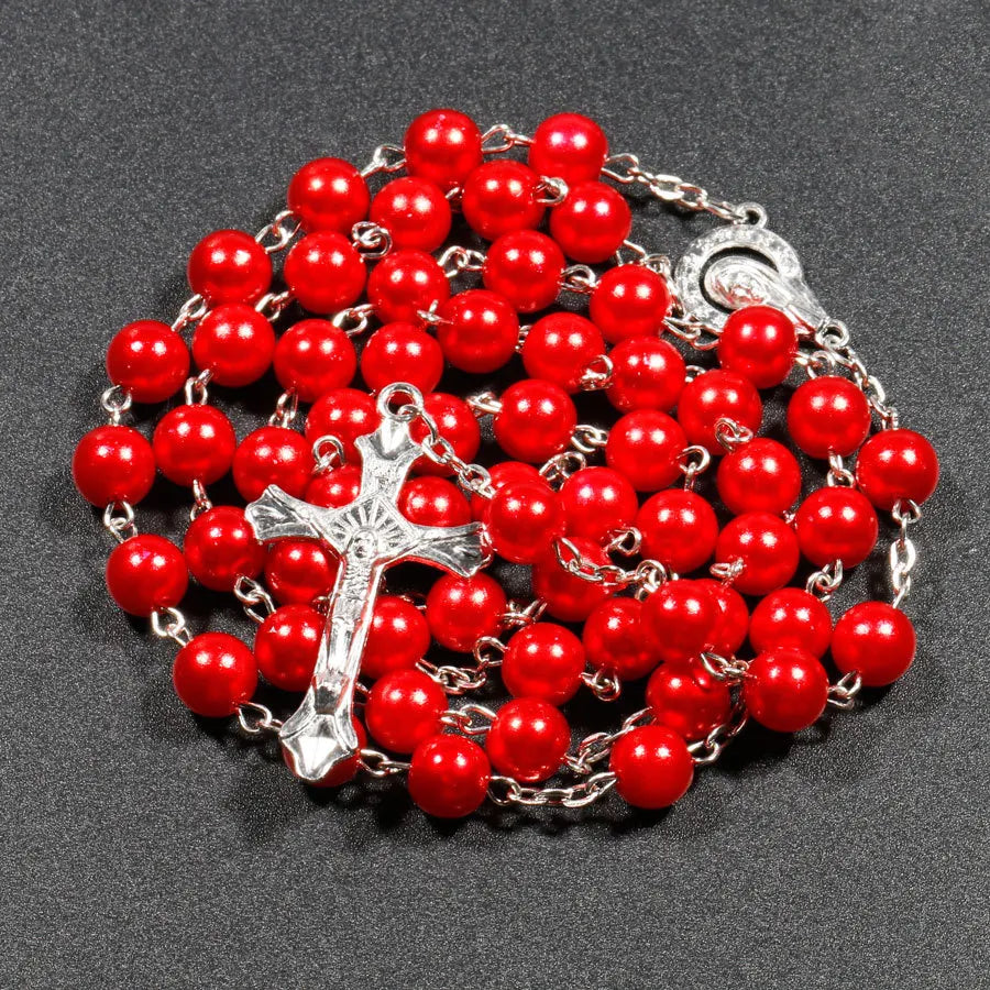 Nueva religión cristiana, collar de Rosario de perlas de imitación para mujer, colgante de cruz de la Virgen María Jesús, cadenas de cuentas largas, joyería de moda