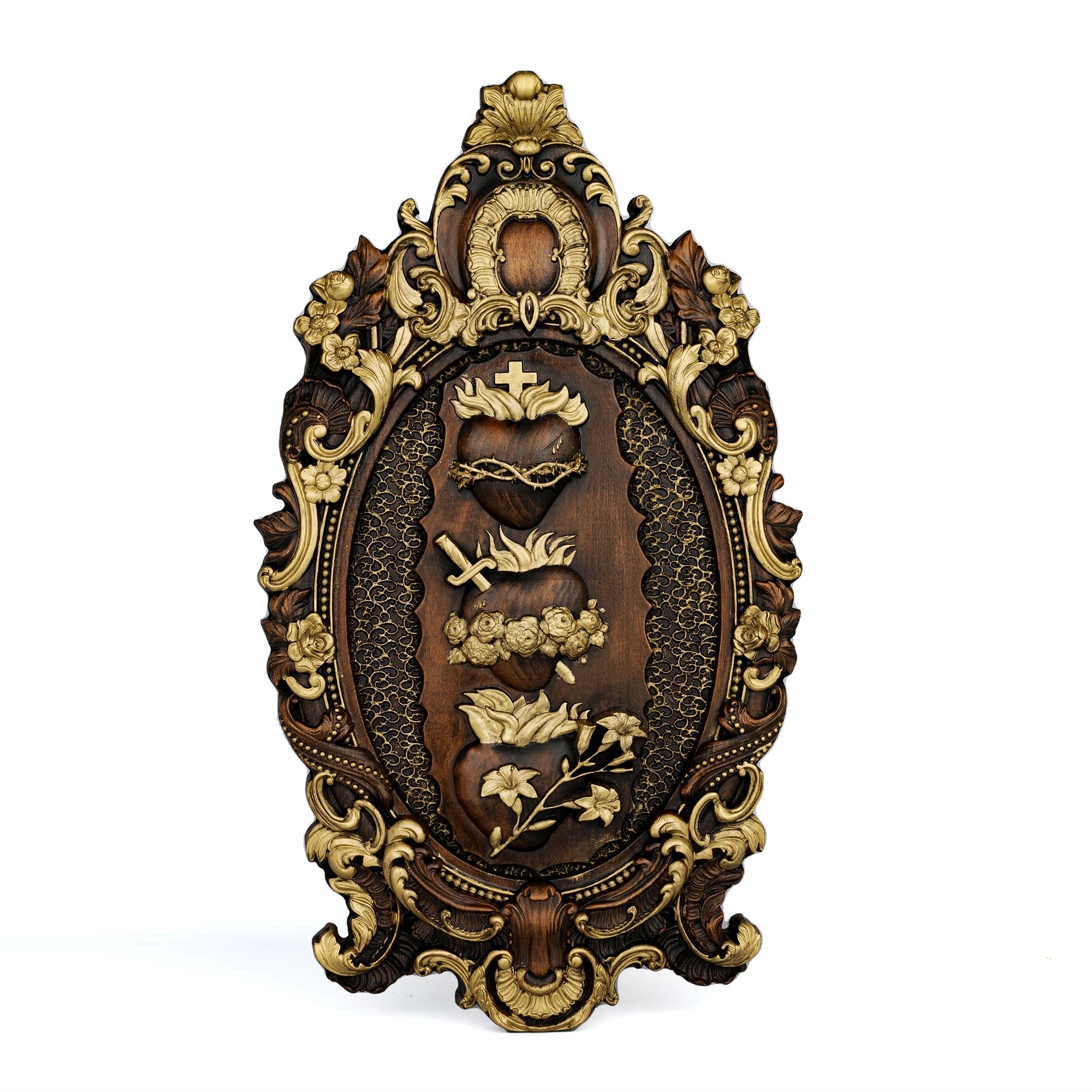 Medalla de la Sagrada Familia en Tres Corazones Sagrados de la Sagrada Familia en Madera — devocion grabada en detalle
