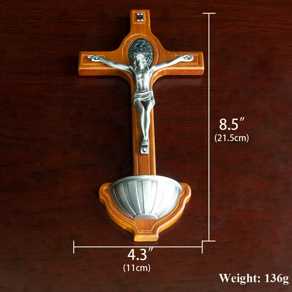 Cruz Catolica de Madera con Benditera y Estatua de Jesus en Metal — regalo espiritual para primera comunion