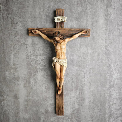 Estatua religiosa de crucifijo de cruz de Jesús, estatuilla de San Católico, artesanía, escultura colgante de pared para decoración del hogar y la sala de estar