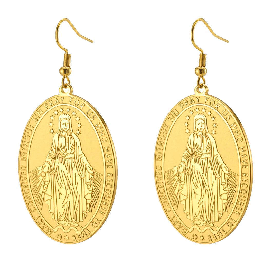 Pendientes de Luz Virgen Maria en Acero Inoxidable — acero inoxidable, hipoalergenico y duradero