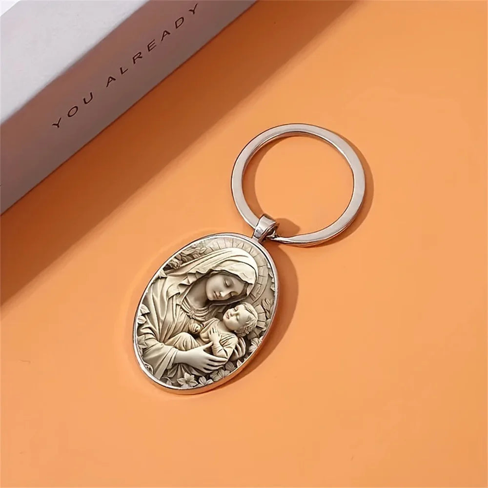 1 llavero de aleación Retro de la Virgen María, diseño único de gema del tiempo religioso, adecuado para llaves de coche y regalos colgantes para mochila